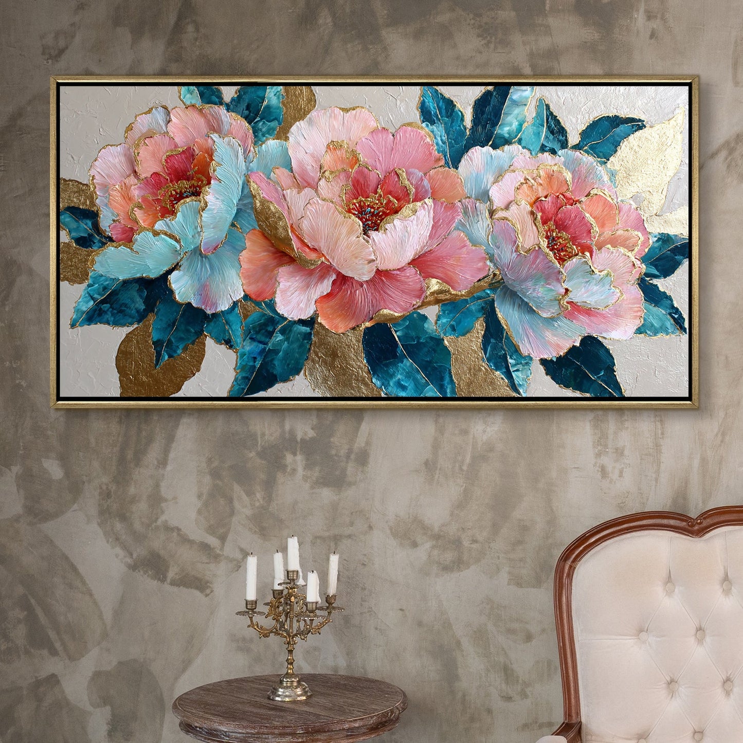 Pastel Peonies & Teal Leaves ¨C Luxury Floral Wall Art ¨C Golden Floater Frame, HD Canvas Print, Ready to Hang, Size: 2x4 feet (FLBWA82)