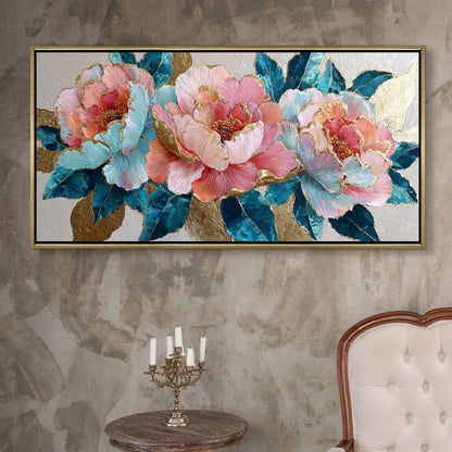 Pastel Peonies & Teal Leaves ¨C Luxury Floral Wall Art ¨C Golden Floater Frame, HD Canvas Print, Ready to Hang, Size: 2x4 feet (FLBWA82)