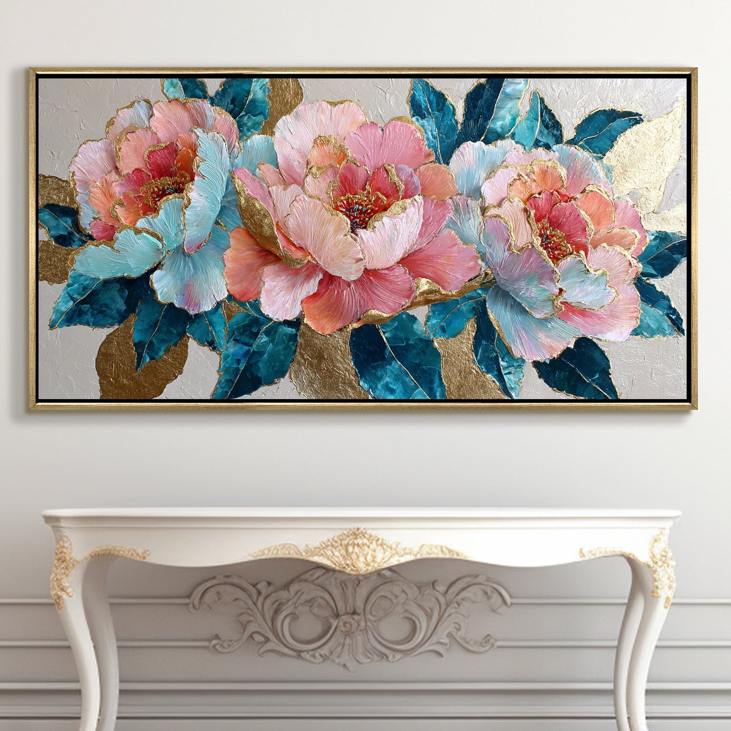 Pastel Peonies & Teal Leaves ¨C Luxury Floral Wall Art ¨C Golden Floater Frame, HD Canvas Print, Ready to Hang, Size: 2x4 feet (FLBWA82)
