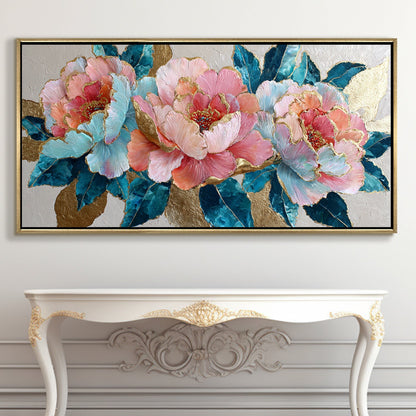 Pastel Peonies & Teal Leaves ¨C Luxury Floral Wall Art ¨C Golden Floater Frame, HD Canvas Print, Ready to Hang, Size: 2x4 feet (FLBWA82)