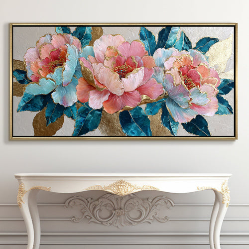 Pastel Peonies & Teal Leaves ¨C Luxury Floral Wall Art ¨C Golden Floater Frame, HD Canvas Print, Ready to Hang, Size: 2x4 feet (FLBWA82)
