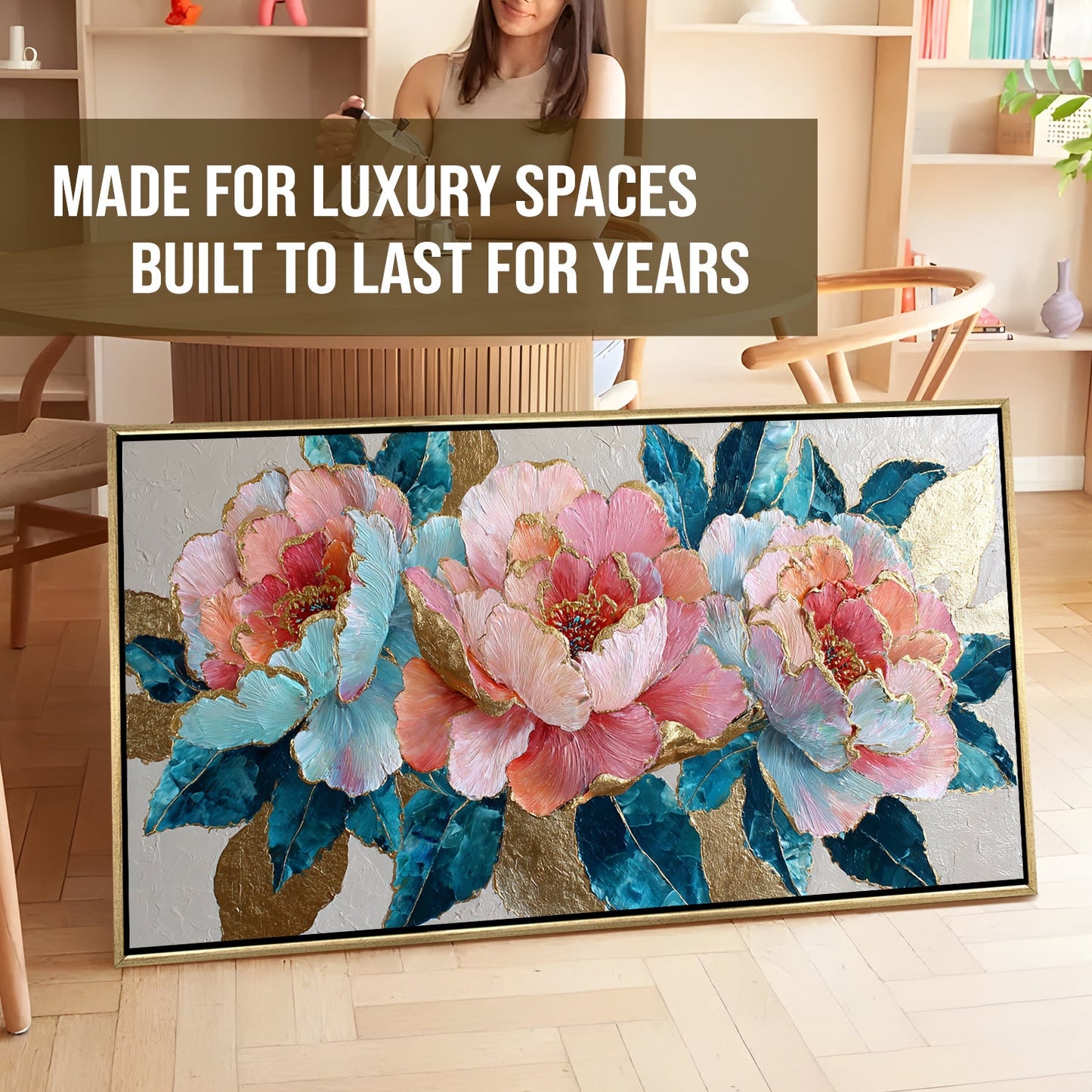 Pastel Peonies & Teal Leaves ¨C Luxury Floral Wall Art ¨C Golden Floater Frame, HD Canvas Print, Ready to Hang, Size: 2x4 feet (FLBWA82)