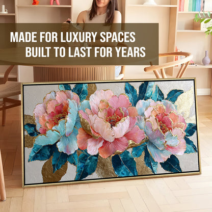Pastel Peonies & Teal Leaves ¨C Luxury Floral Wall Art ¨C Golden Floater Frame, HD Canvas Print, Ready to Hang, Size: 2x4 feet (FLBWA82)