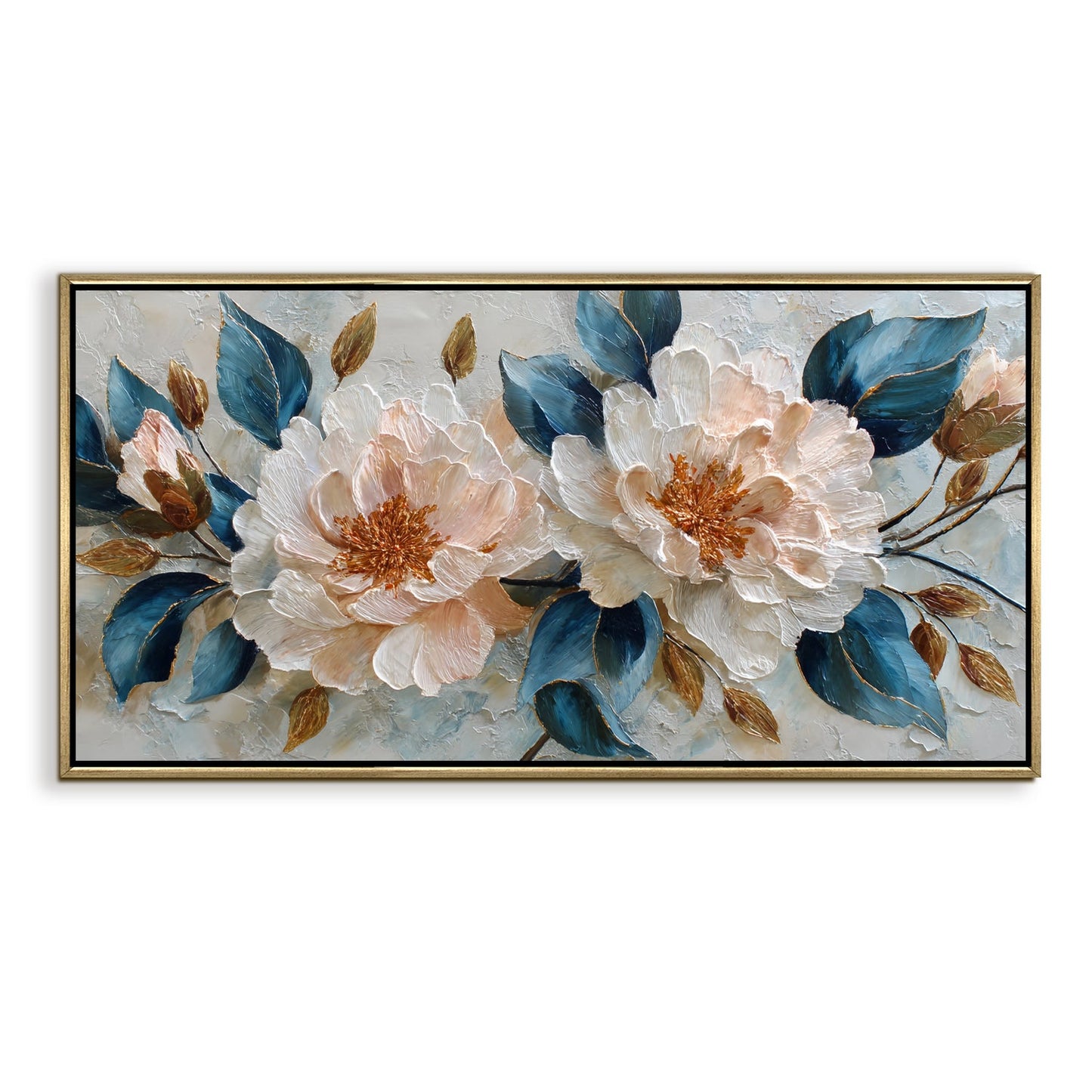 Blush Peony Bloom ¨C Luxury Floral Wall Art ¨C Golden Floater Frame, HD Canvas Print, Ready to Hang, Size: 2x4 feet (FLBWA83)