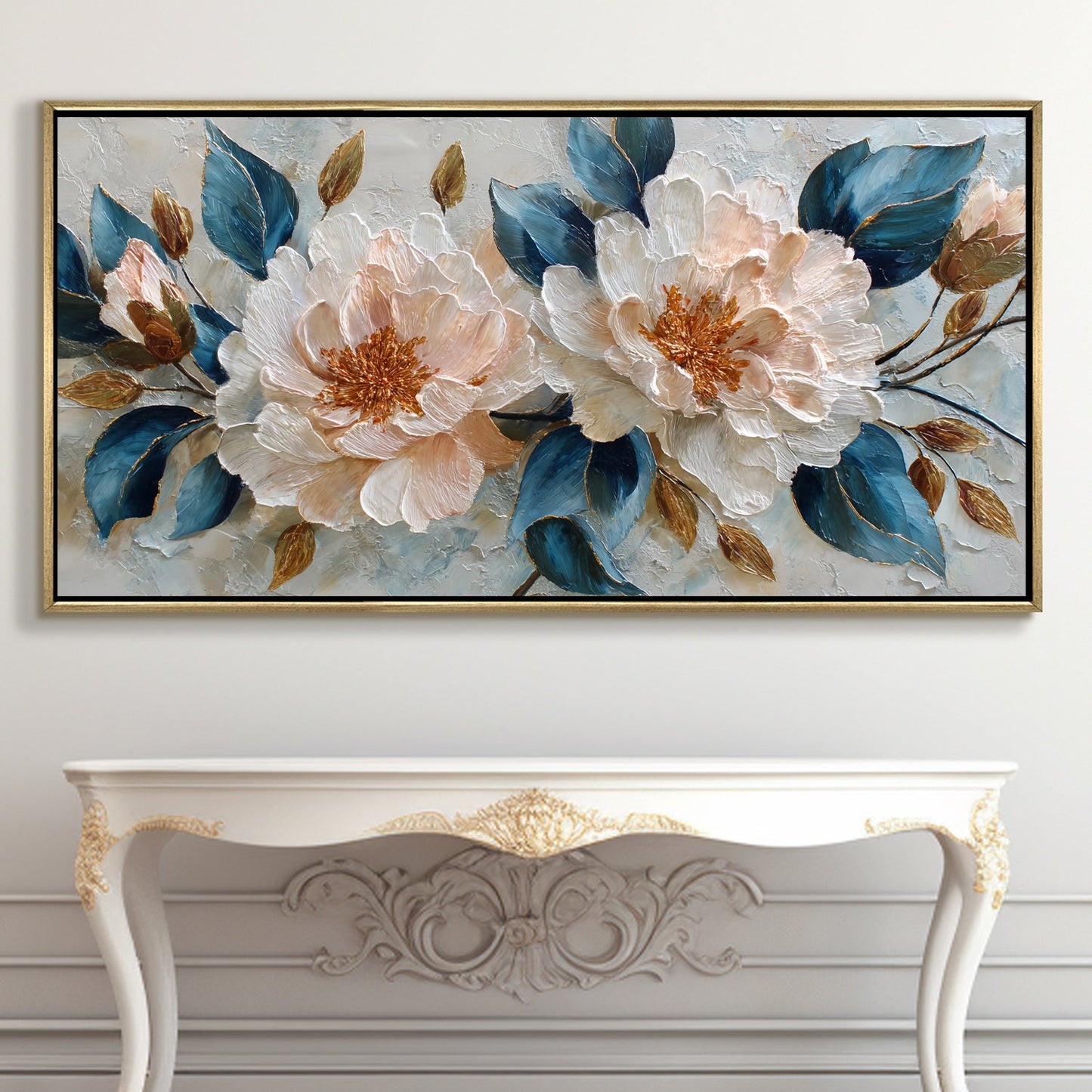 Blush Peony Bloom ¨C Luxury Floral Wall Art ¨C Golden Floater Frame, HD Canvas Print, Ready to Hang, Size: 2x4 feet (FLBWA83)