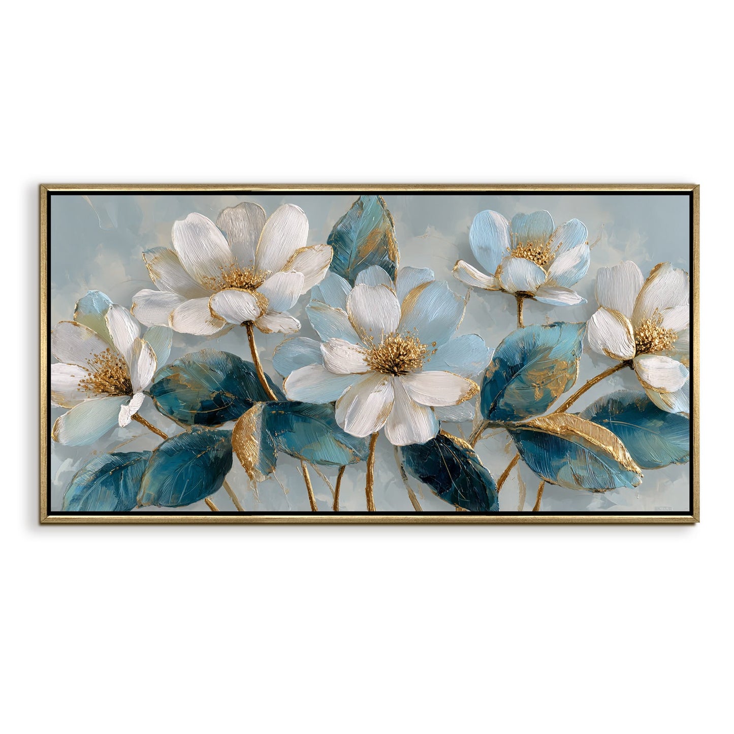 Ivory Bloom Garden ¨C Luxury Floral Wall Art ¨C Golden Floater Frame, HD Canvas Print, Ready to Hang, Size: 2x4 feet (FLBWA84)