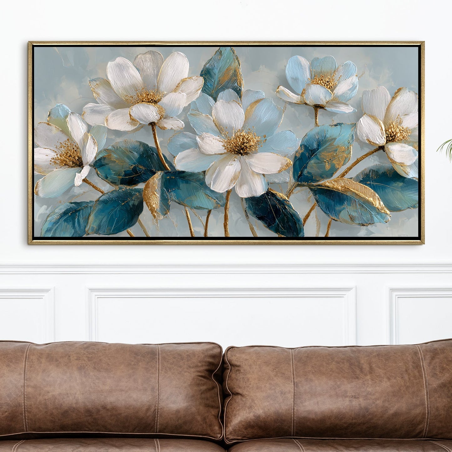 Ivory Bloom Garden ¨C Luxury Floral Wall Art ¨C Golden Floater Frame, HD Canvas Print, Ready to Hang, Size: 2x4 feet (FLBWA84)