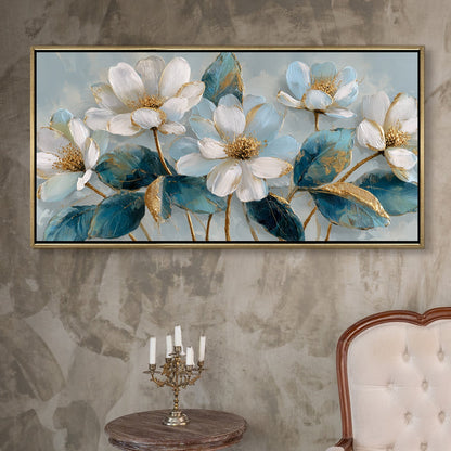 Ivory Bloom Garden ¨C Luxury Floral Wall Art ¨C Golden Floater Frame, HD Canvas Print, Ready to Hang, Size: 2x4 feet (FLBWA84)
