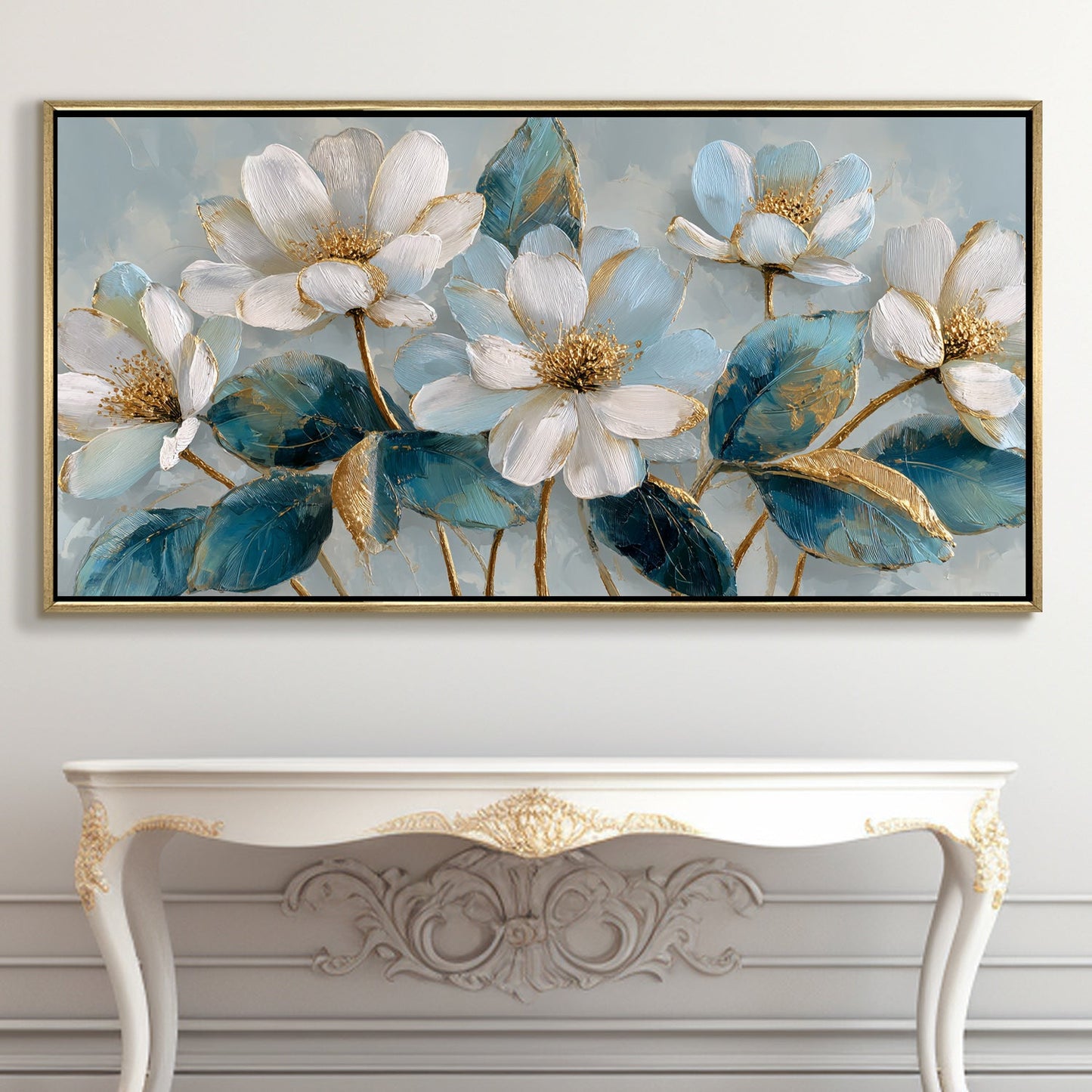 Ivory Bloom Garden ¨C Luxury Floral Wall Art ¨C Golden Floater Frame, HD Canvas Print, Ready to Hang, Size: 2x4 feet (FLBWA84)