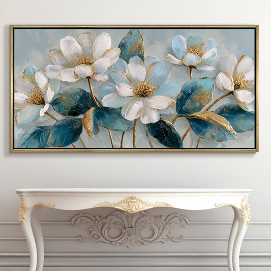 Ivory Bloom Garden ¨C Luxury Floral Wall Art ¨C Golden Floater Frame, HD Canvas Print, Ready to Hang, Size: 2x4 feet (FLBWA84)