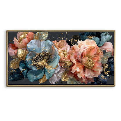 Royal Petals in Teal & Blush ¨C Luxury Floral Wall Art ¨C Golden Floater Frame, HD Canvas Print, Ready to Hang, Size: 2x4 feet (FLBWA85)