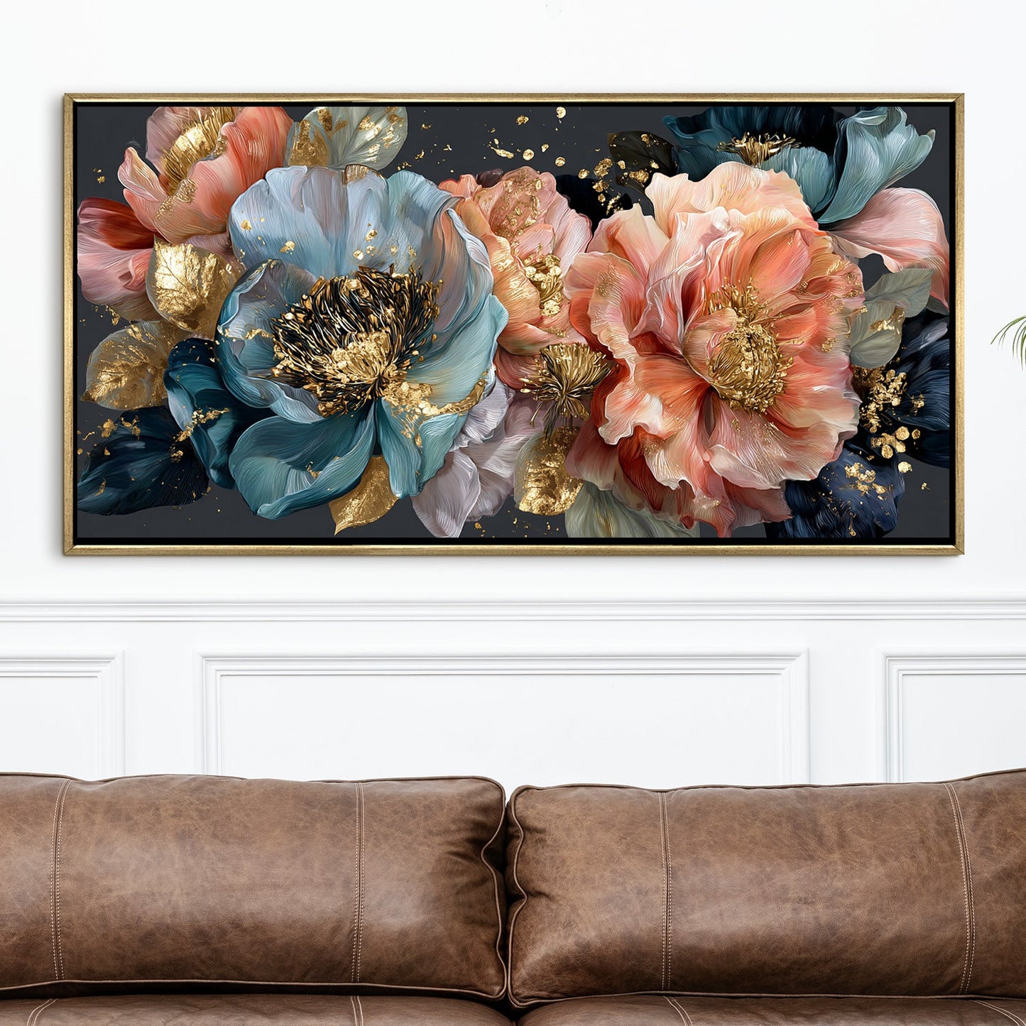 Royal Petals in Teal & Blush ¨C Luxury Floral Wall Art ¨C Golden Floater Frame, HD Canvas Print, Ready to Hang, Size: 2x4 feet (FLBWA85)