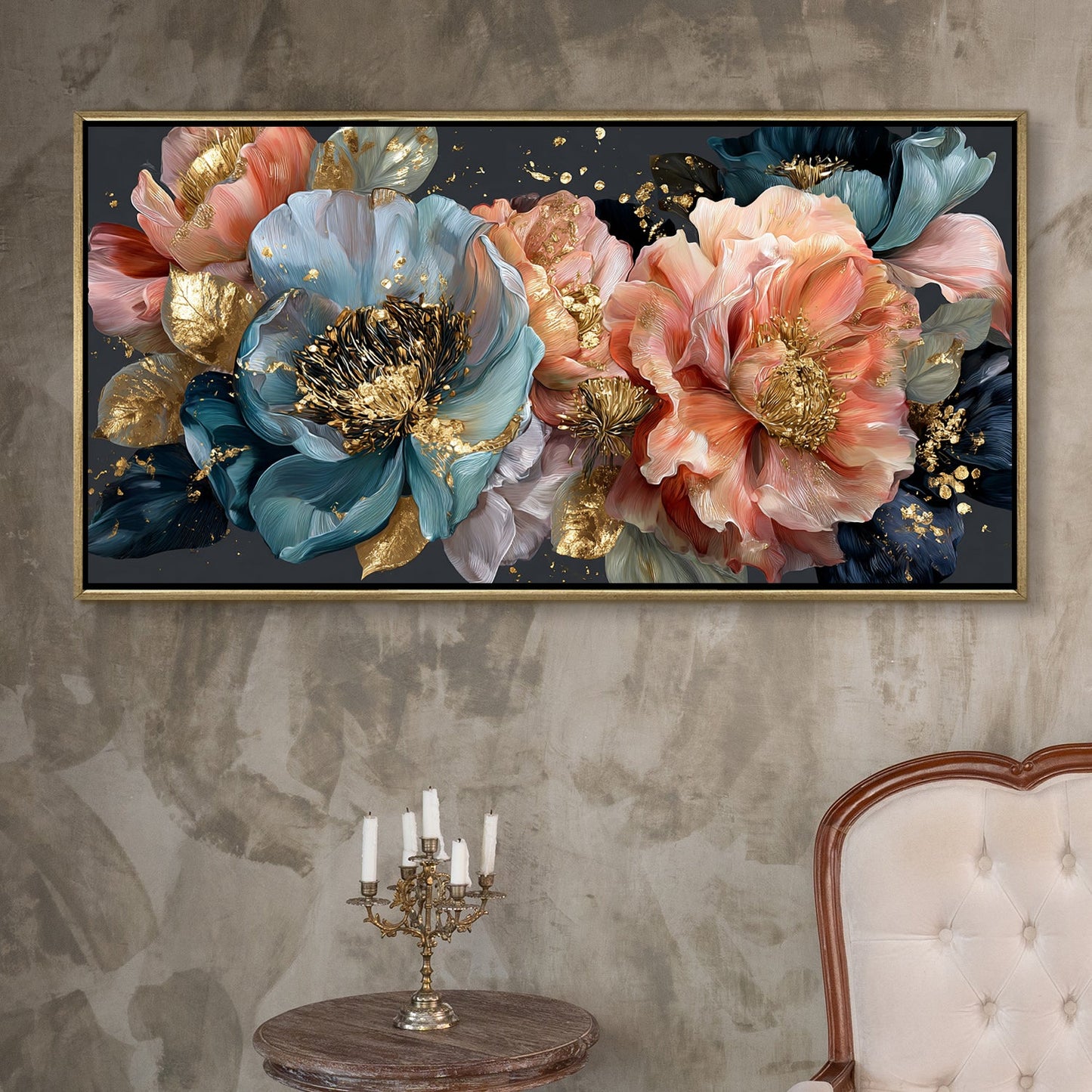 Royal Petals in Teal & Blush ¨C Luxury Floral Wall Art ¨C Golden Floater Frame, HD Canvas Print, Ready to Hang, Size: 2x4 feet (FLBWA85)