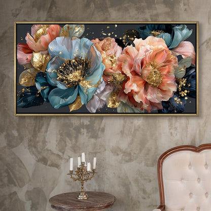 Royal Petals in Teal & Blush ¨C Luxury Floral Wall Art ¨C Golden Floater Frame, HD Canvas Print, Ready to Hang, Size: 2x4 feet (FLBWA85)