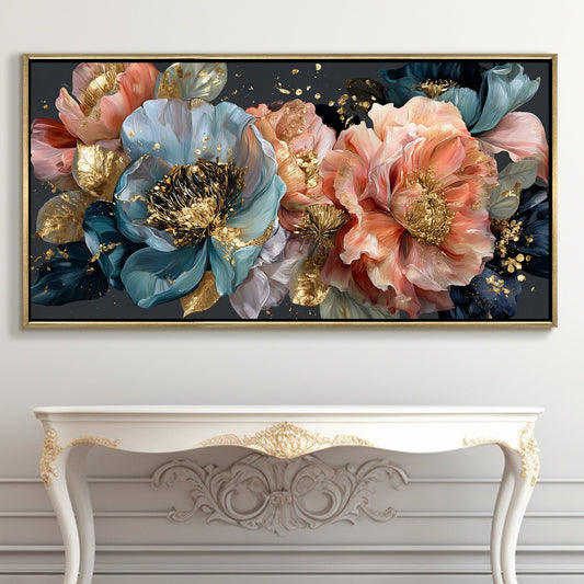 Royal Petals in Teal & Blush ¨C Luxury Floral Wall Art ¨C Golden Floater Frame, HD Canvas Print, Ready to Hang, Size: 2x4 feet (FLBWA85)