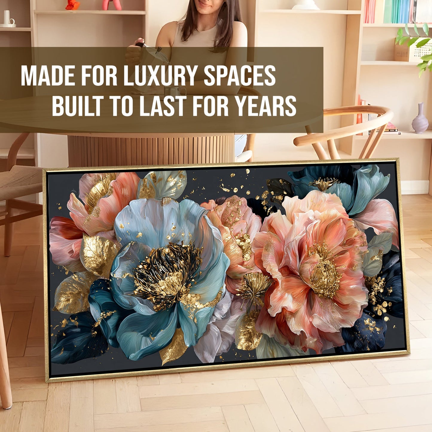 Royal Petals in Teal & Blush ¨C Luxury Floral Wall Art ¨C Golden Floater Frame, HD Canvas Print, Ready to Hang, Size: 2x4 feet (FLBWA85)
