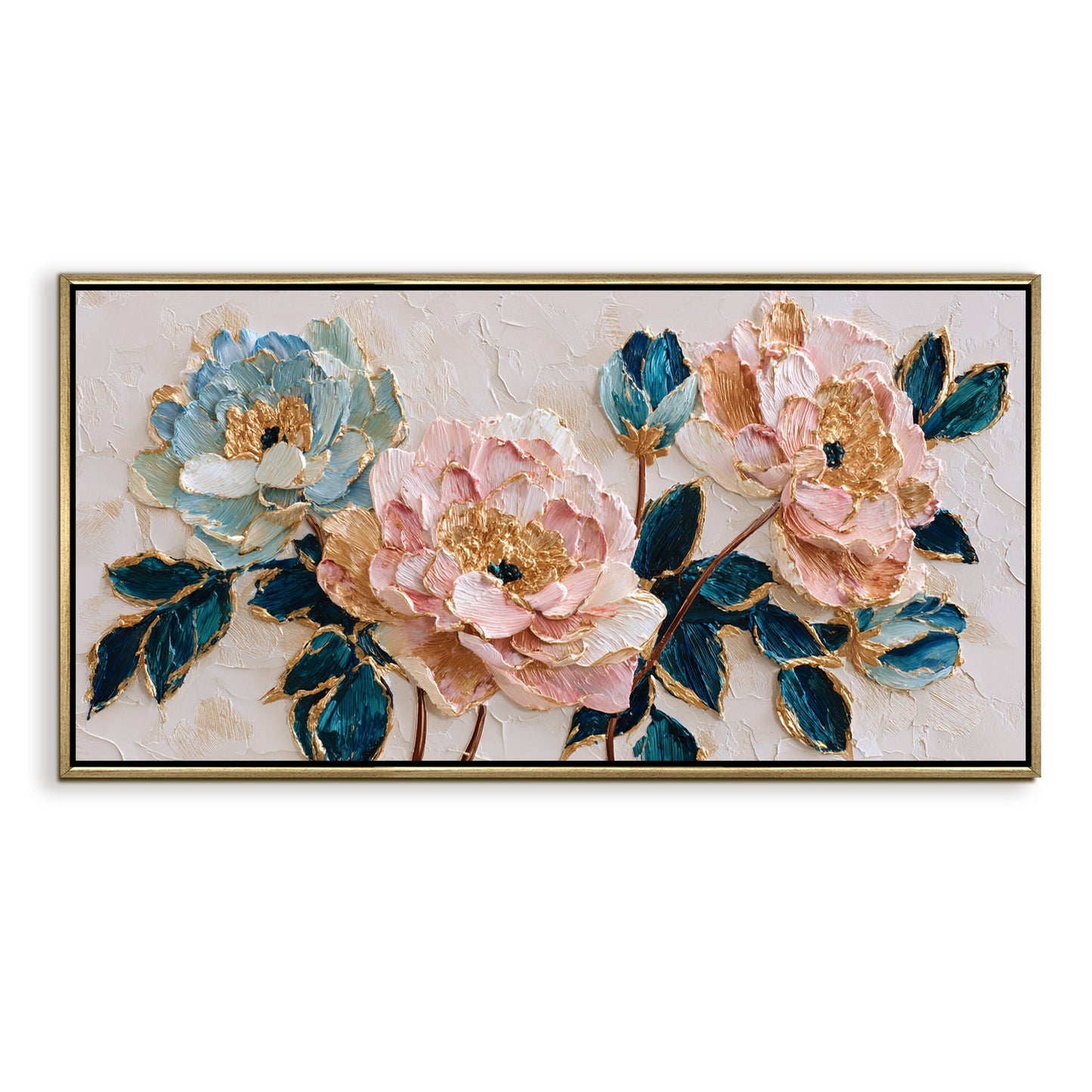 Blush Peonies with Teal Leaves ¨C Luxury Floral Wall Art ¨C Golden Floater Frame, HD Canvas Print, Ready to Hang, Size: 2x4 feet (FLBWA86)