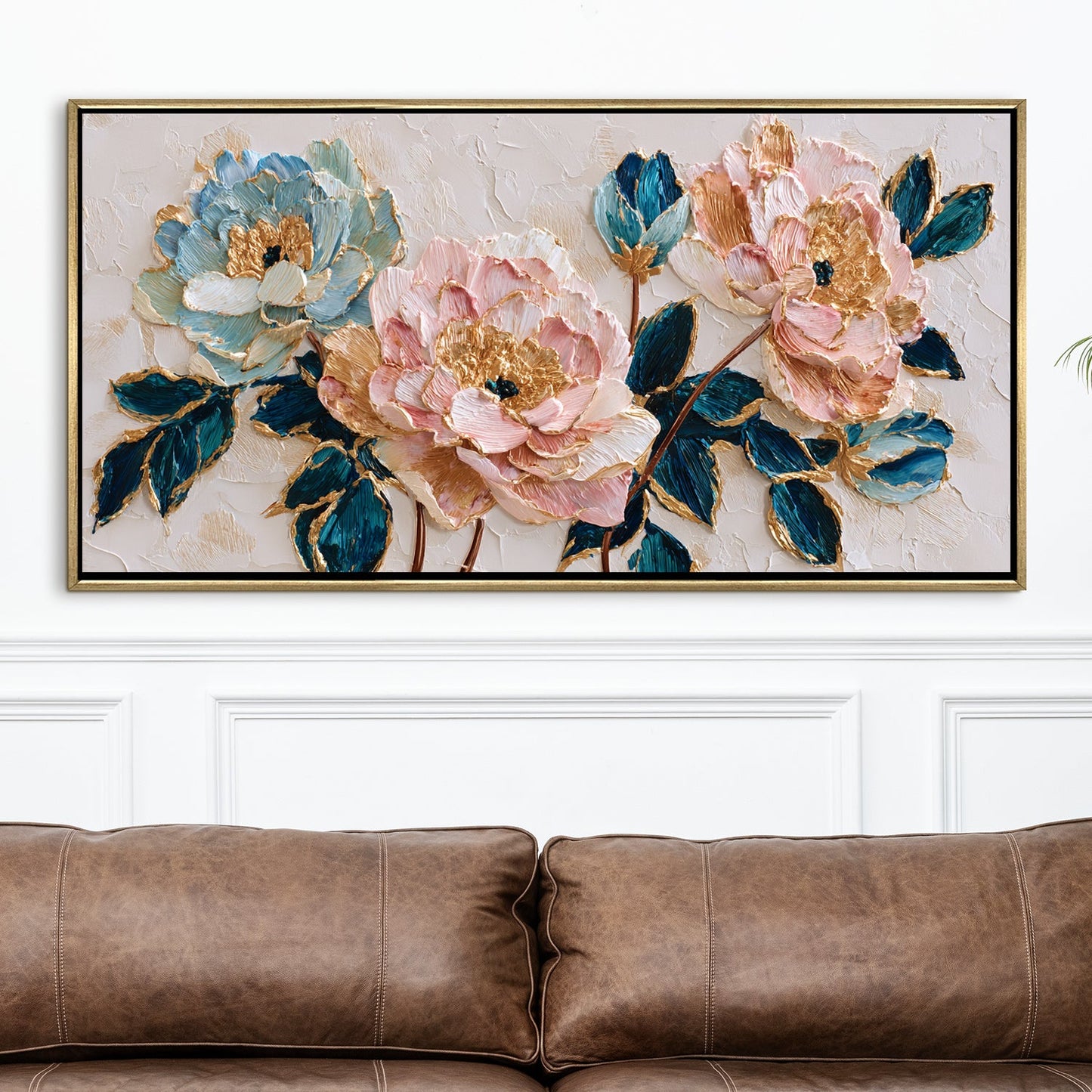 Blush Peonies with Teal Leaves ¨C Luxury Floral Wall Art ¨C Golden Floater Frame, HD Canvas Print, Ready to Hang, Size: 2x4 feet (FLBWA86)
