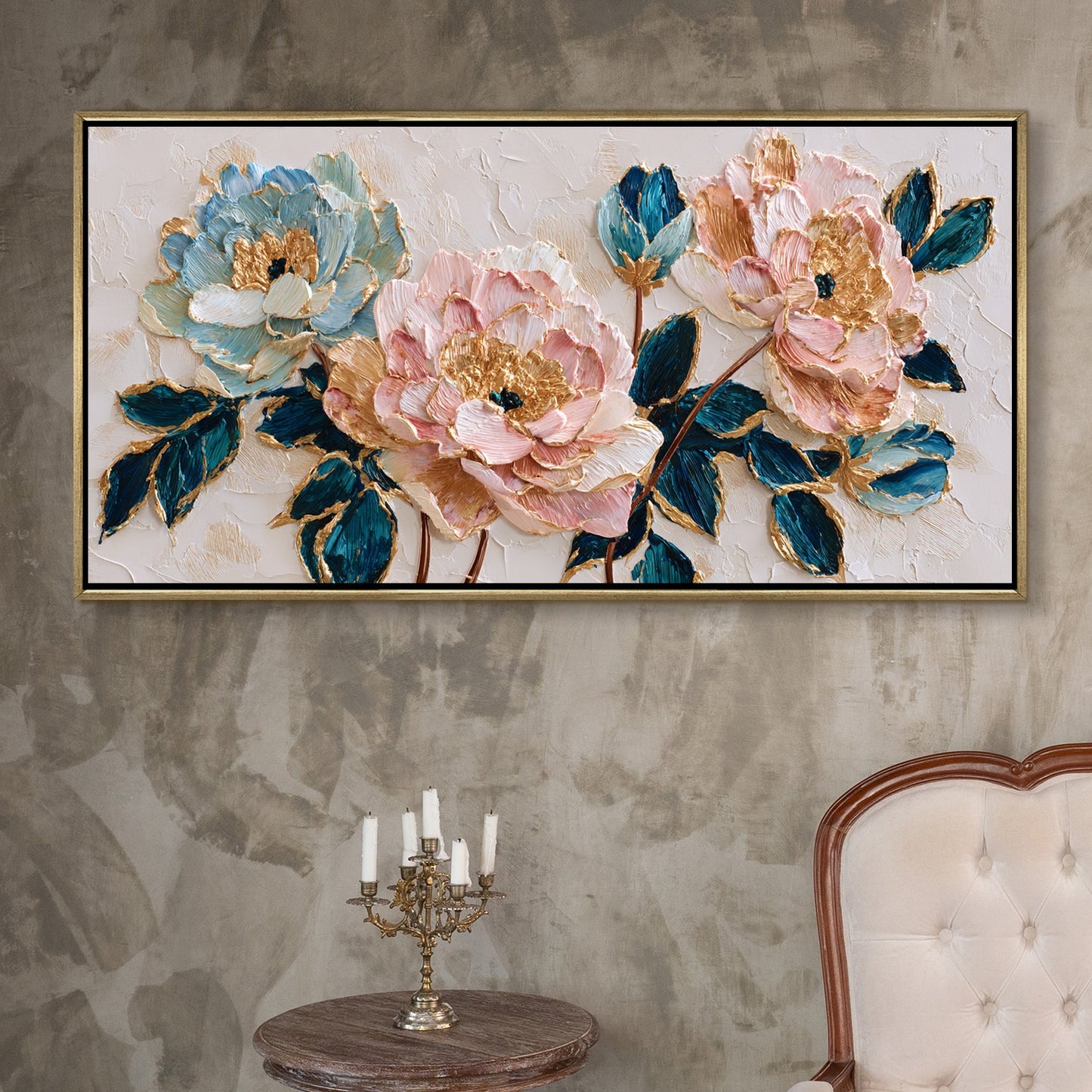 Blush Peonies with Teal Leaves ¨C Luxury Floral Wall Art ¨C Golden Floater Frame, HD Canvas Print, Ready to Hang, Size: 2x4 feet (FLBWA86)