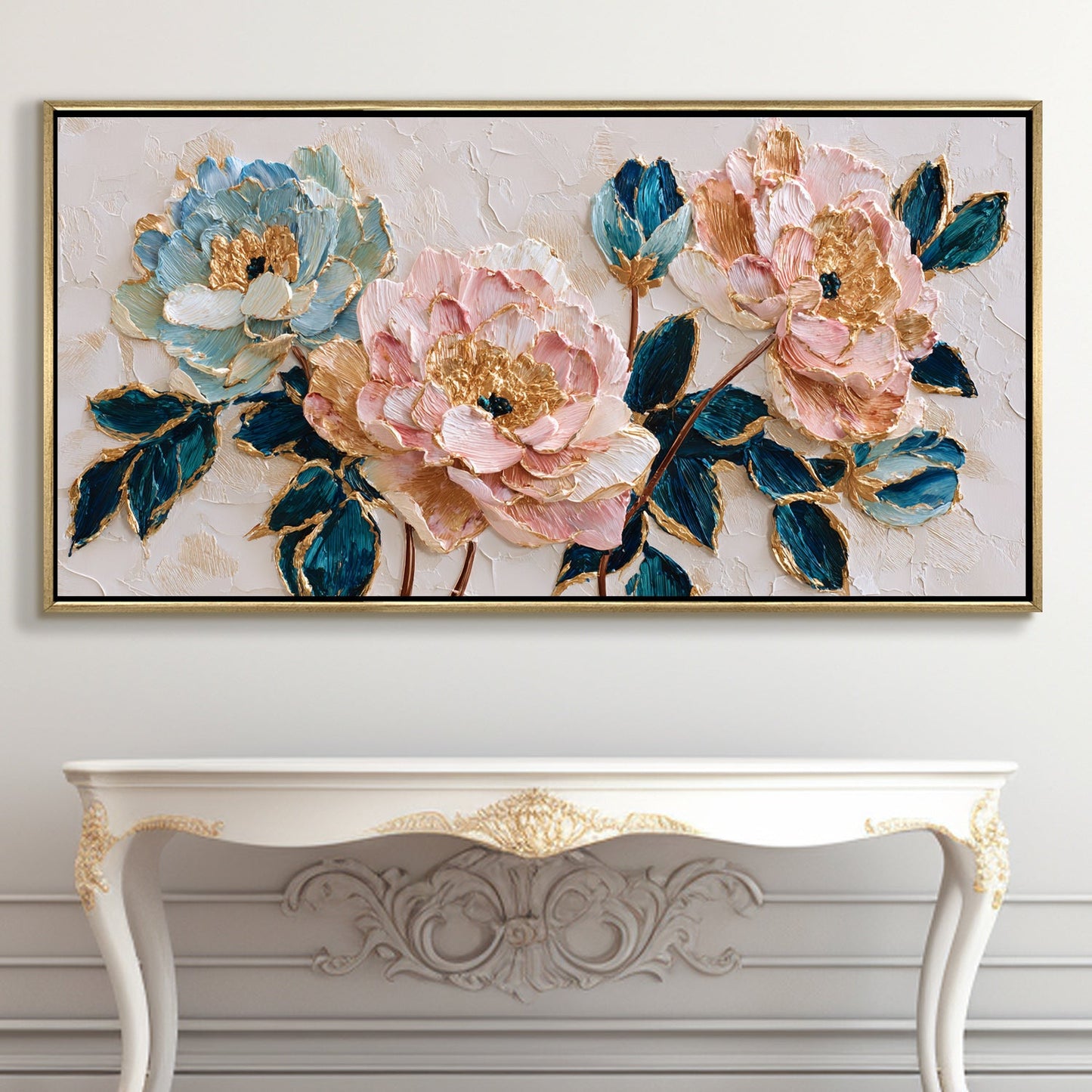 Blush Peonies with Teal Leaves ¨C Luxury Floral Wall Art ¨C Golden Floater Frame, HD Canvas Print, Ready to Hang, Size: 2x4 feet (FLBWA86)