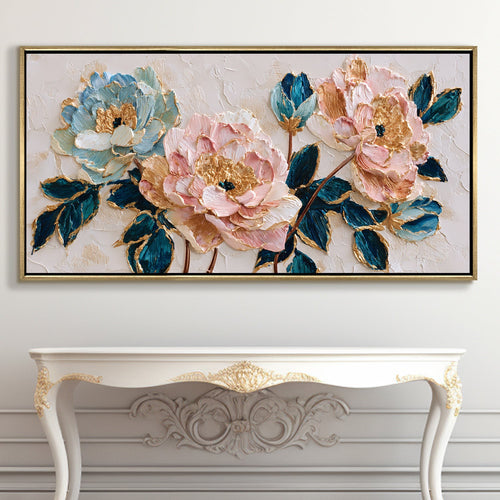 Blush Peonies with Teal Leaves ¨C Luxury Floral Wall Art ¨C Golden Floater Frame, HD Canvas Print, Ready to Hang, Size: 2x4 feet (FLBWA86)