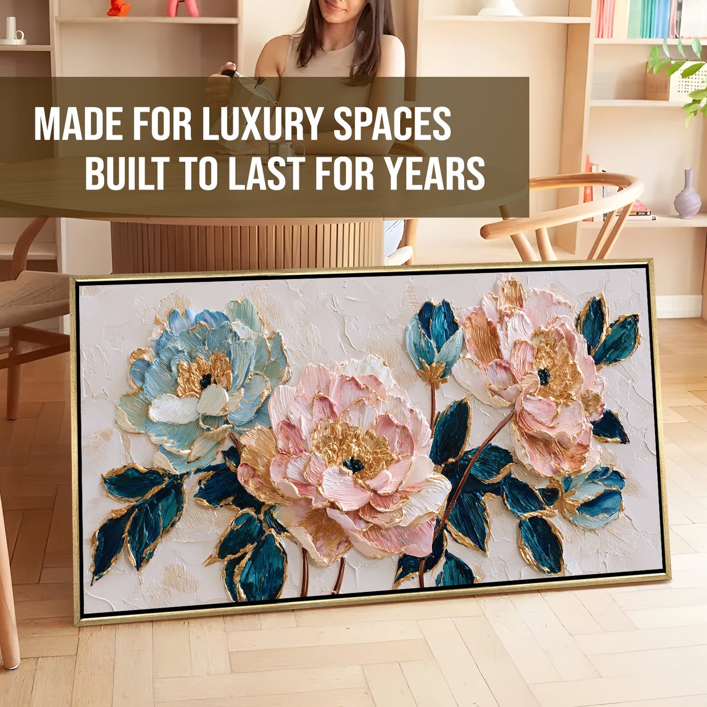 Blush Peonies with Teal Leaves ¨C Luxury Floral Wall Art ¨C Golden Floater Frame, HD Canvas Print, Ready to Hang, Size: 2x4 feet (FLBWA86)