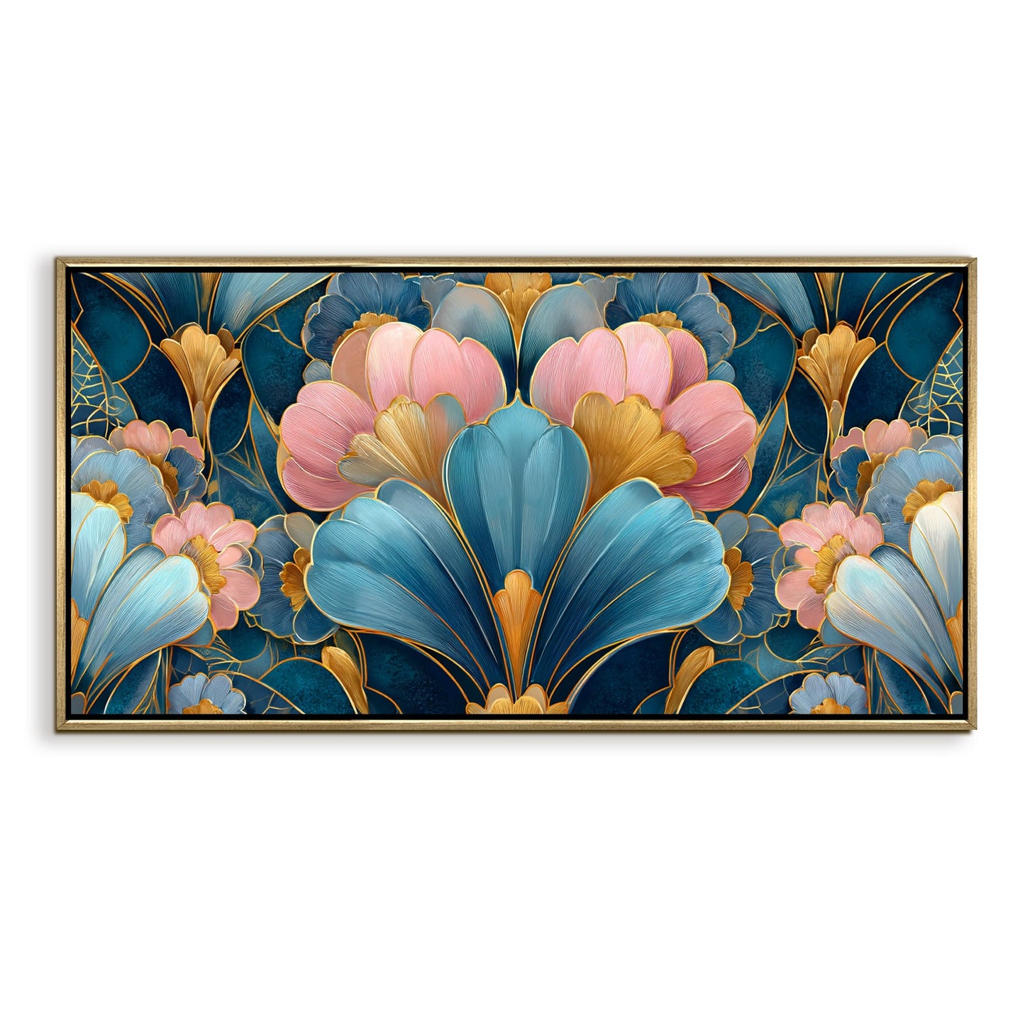 Royal Teal & Blush Floral ¨C Luxury Floral Wall Art ¨C Golden Floater Frame, HD Canvas Print, Ready to Hang, Size: 2x4 feet (FLBWA87)