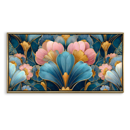 Royal Teal & Blush Floral ¨C Luxury Floral Wall Art ¨C Golden Floater Frame, HD Canvas Print, Ready to Hang, Size: 2x4 feet (FLBWA87)