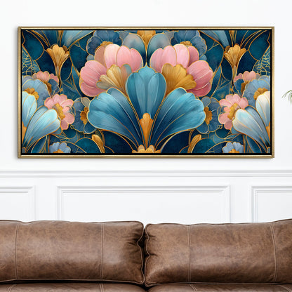 Royal Teal & Blush Floral ¨C Luxury Floral Wall Art ¨C Golden Floater Frame, HD Canvas Print, Ready to Hang, Size: 2x4 feet (FLBWA87)