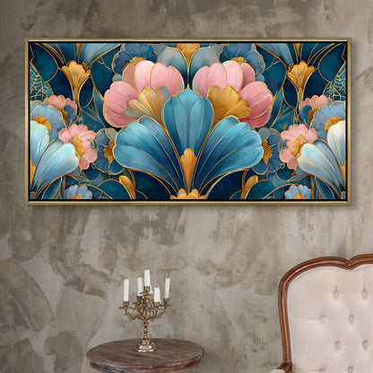 Royal Teal & Blush Floral ¨C Luxury Floral Wall Art ¨C Golden Floater Frame, HD Canvas Print, Ready to Hang, Size: 2x4 feet (FLBWA87)