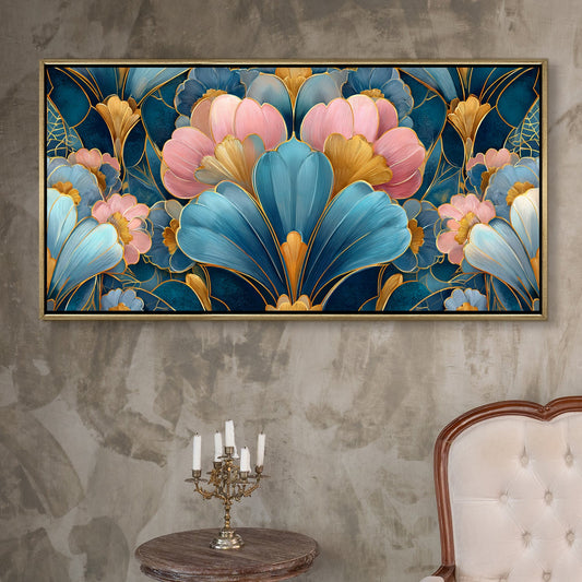 Royal Teal & Blush Floral ¨C Luxury Floral Wall Art ¨C Golden Floater Frame, HD Canvas Print, Ready to Hang, Size: 2x4 feet (FLBWA87)