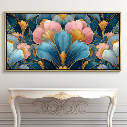 Royal Teal & Blush Floral ¨C Luxury Floral Wall Art ¨C Golden Floater Frame, HD Canvas Print, Ready to Hang, Size: 2x4 feet (FLBWA87)