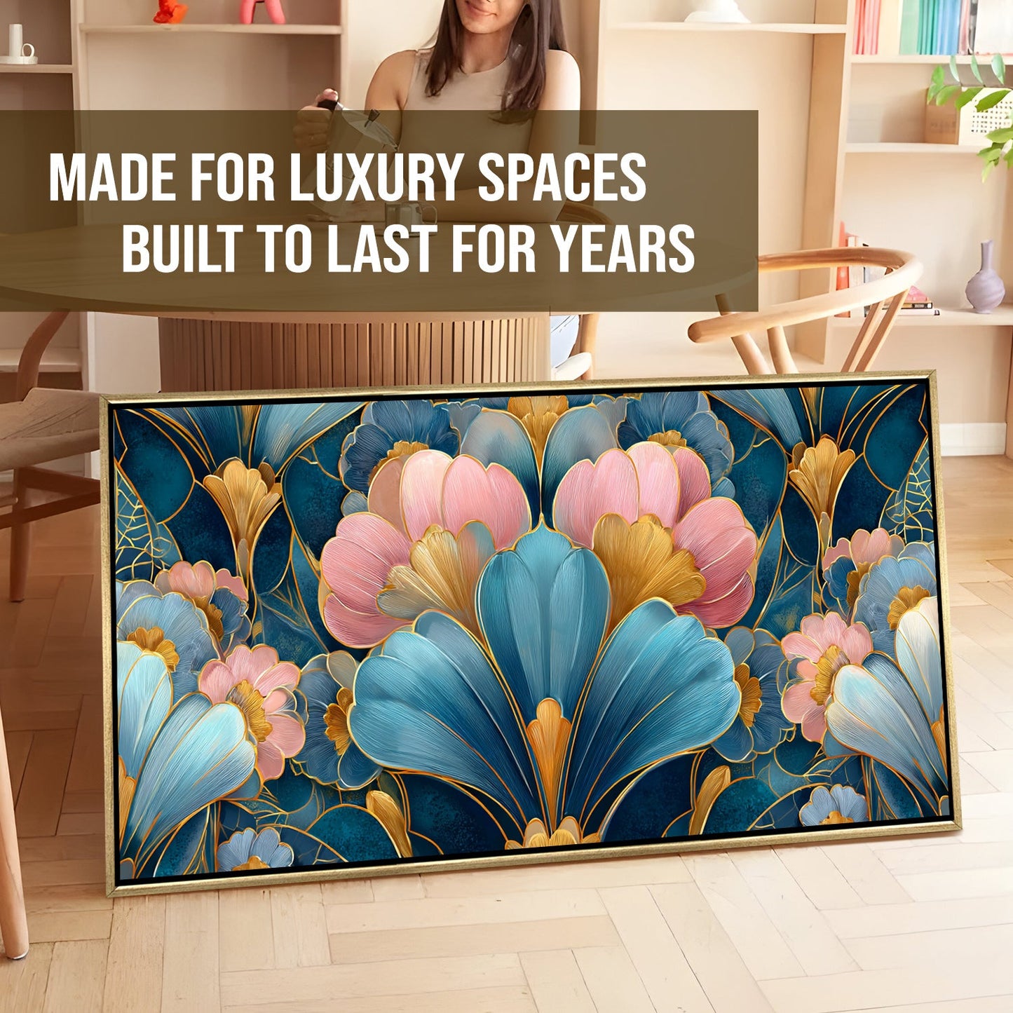 Royal Teal & Blush Floral ¨C Luxury Floral Wall Art ¨C Golden Floater Frame, HD Canvas Print, Ready to Hang, Size: 2x4 feet (FLBWA87)
