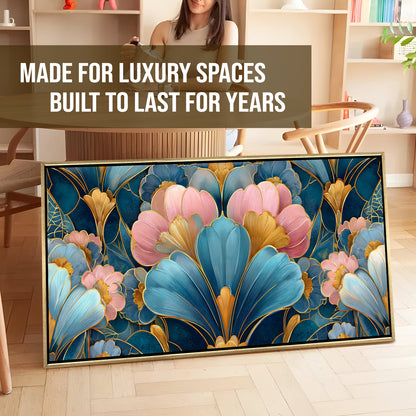 Royal Teal & Blush Floral ¨C Luxury Floral Wall Art ¨C Golden Floater Frame, HD Canvas Print, Ready to Hang, Size: 2x4 feet (FLBWA87)