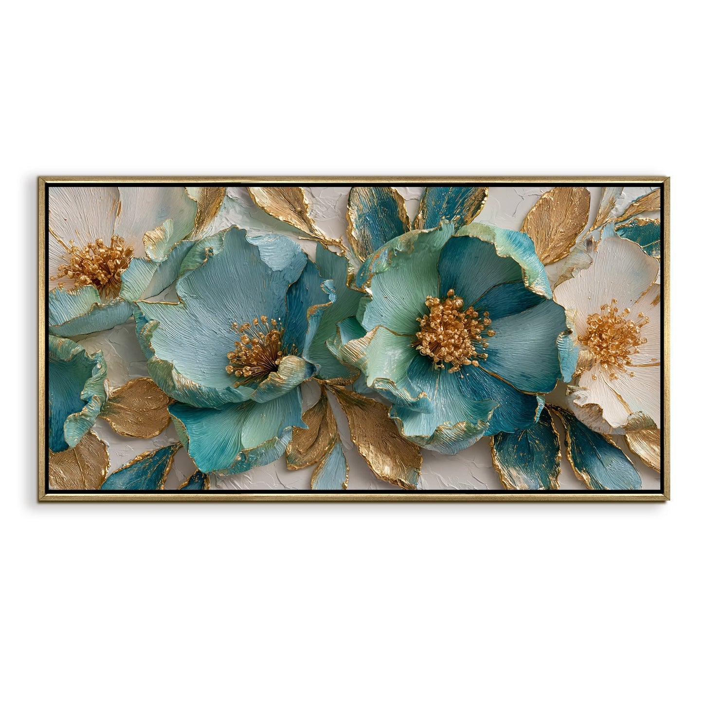Luxury Teal & Gold Floral Wall Art ¨C Golden Floater Frame, HD Canvas Print, Ready to Hang, Size: 2x4 feet (FLBWA71)