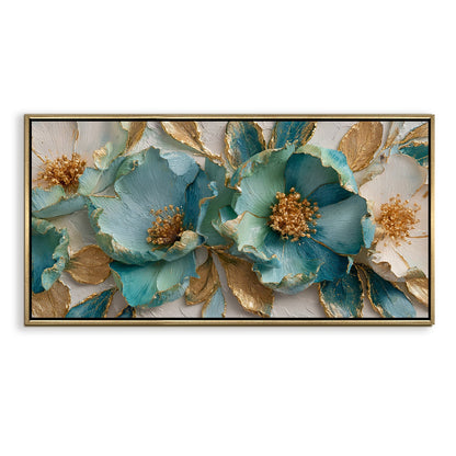 Luxury Teal & Gold Floral Wall Art ¨C Golden Floater Frame, HD Canvas Print, Ready to Hang, Size: 2x4 feet (FLBWA71)