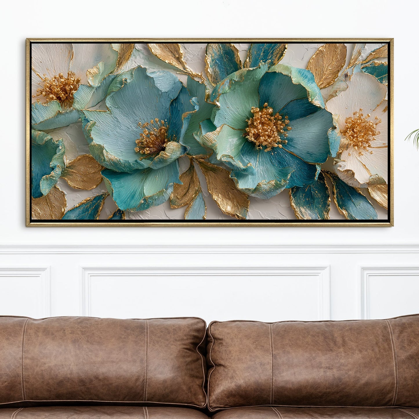 Luxury Teal & Gold Floral Wall Art ¨C Golden Floater Frame, HD Canvas Print, Ready to Hang, Size: 2x4 feet (FLBWA71)