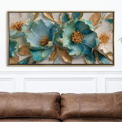 Luxury Teal & Gold Floral Wall Art ¨C Golden Floater Frame, HD Canvas Print, Ready to Hang, Size: 2x4 feet (FLBWA71)