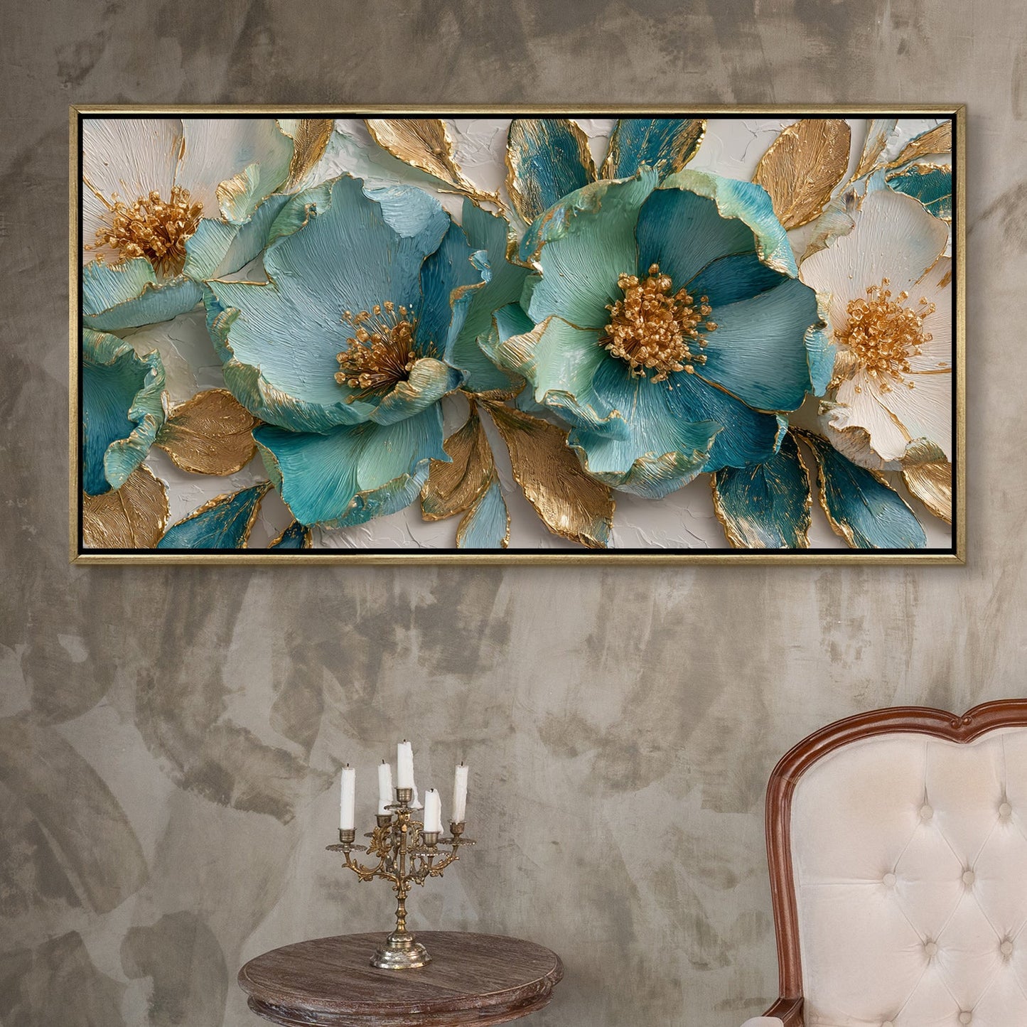 Luxury Teal & Gold Floral Wall Art ¨C Golden Floater Frame, HD Canvas Print, Ready to Hang, Size: 2x4 feet (FLBWA71)