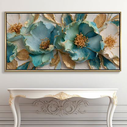 Luxury Teal & Gold Floral Wall Art ¨C Golden Floater Frame, HD Canvas Print, Ready to Hang, Size: 2x4 feet (FLBWA71)