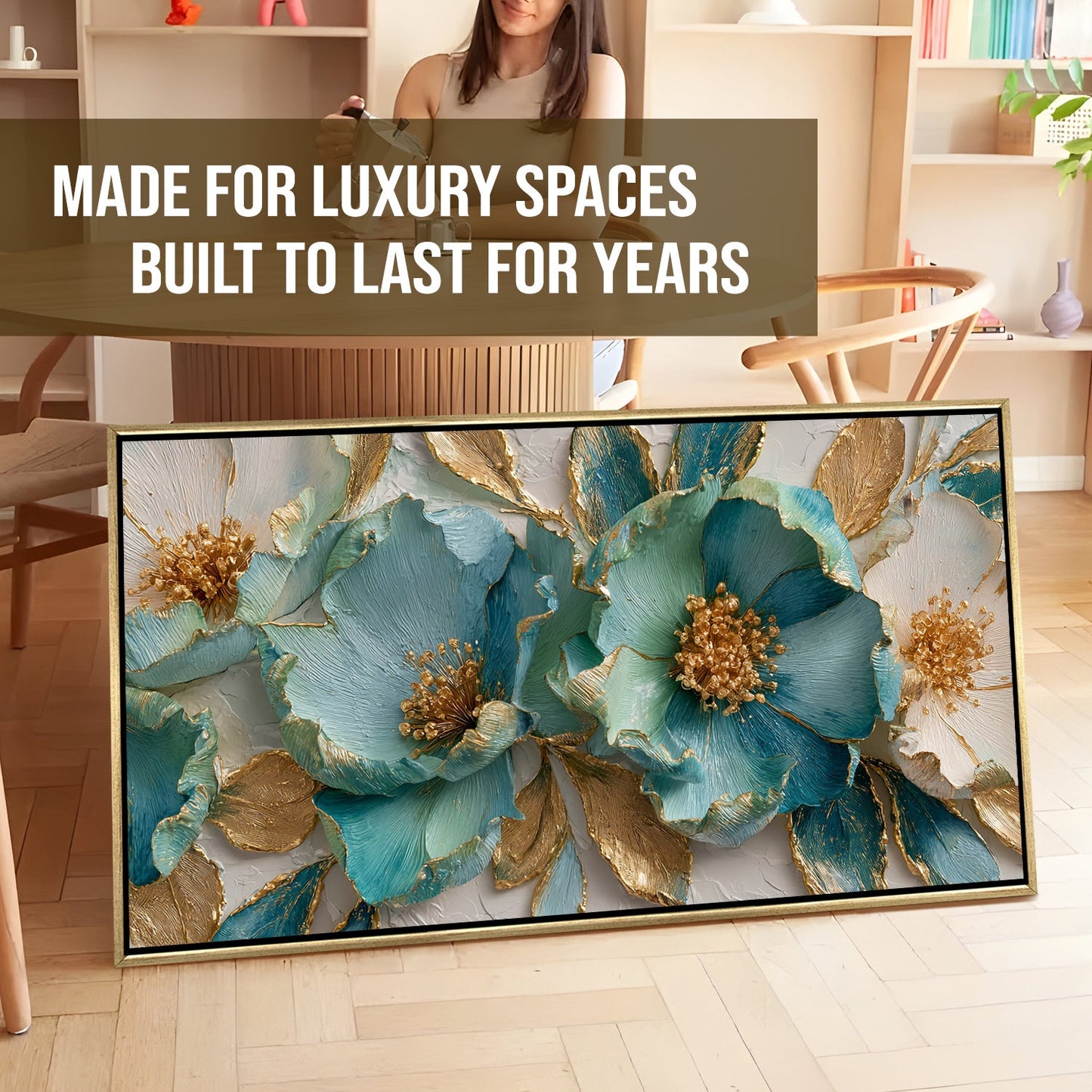 Luxury Teal & Gold Floral Wall Art ¨C Golden Floater Frame, HD Canvas Print, Ready to Hang, Size: 2x4 feet (FLBWA71)