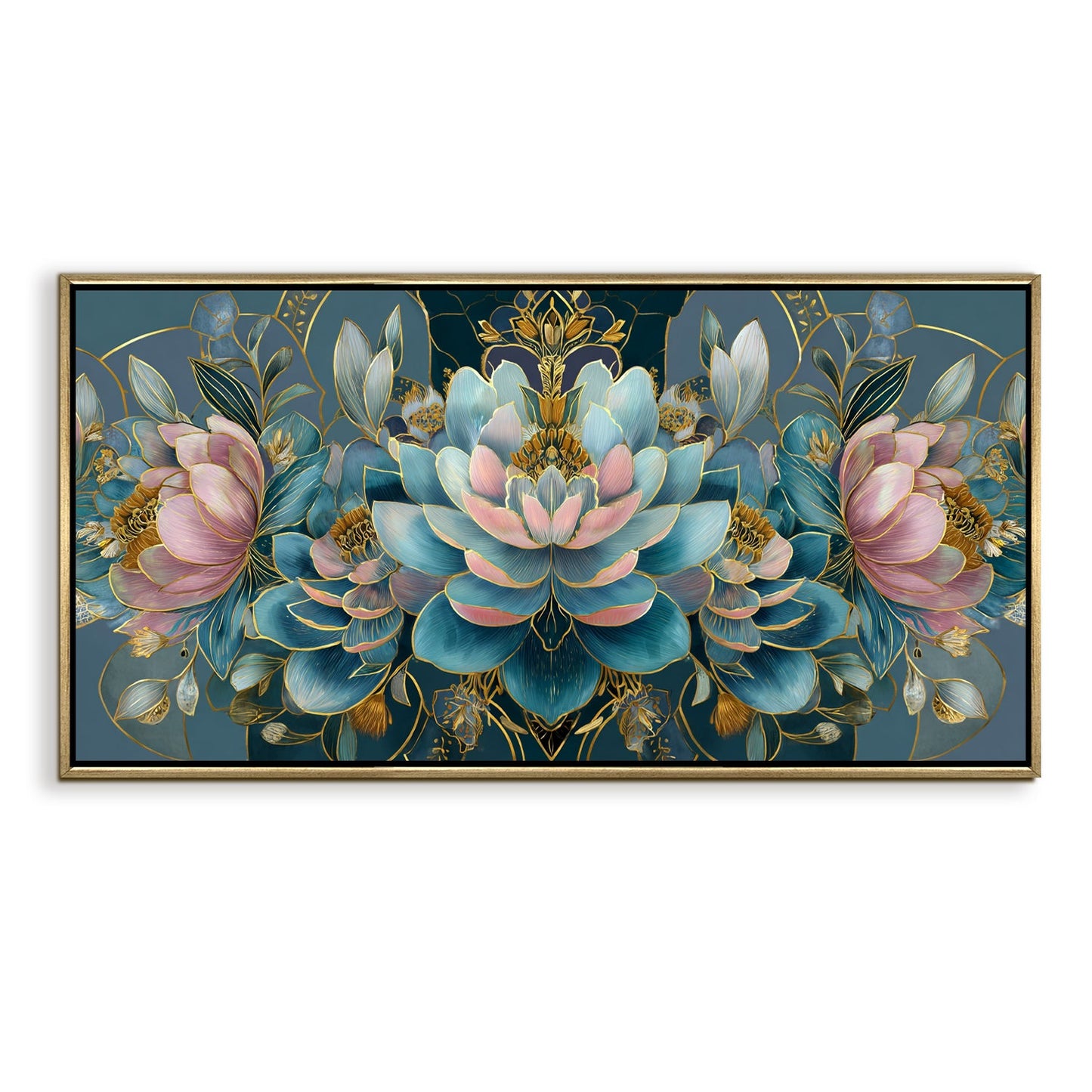 Floral Elegance in Teal, Blush & Gold ¨C Luxury Wall Art ¨C Golden Floater Frame, HD Canvas Print, Ready to Hang, Size: 2x4 feet (FLBWA88)