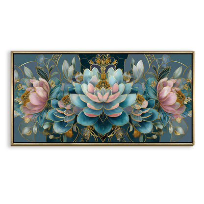 Floral Elegance in Teal, Blush & Gold ¨C Luxury Wall Art ¨C Golden Floater Frame, HD Canvas Print, Ready to Hang, Size: 2x4 feet (FLBWA88)
