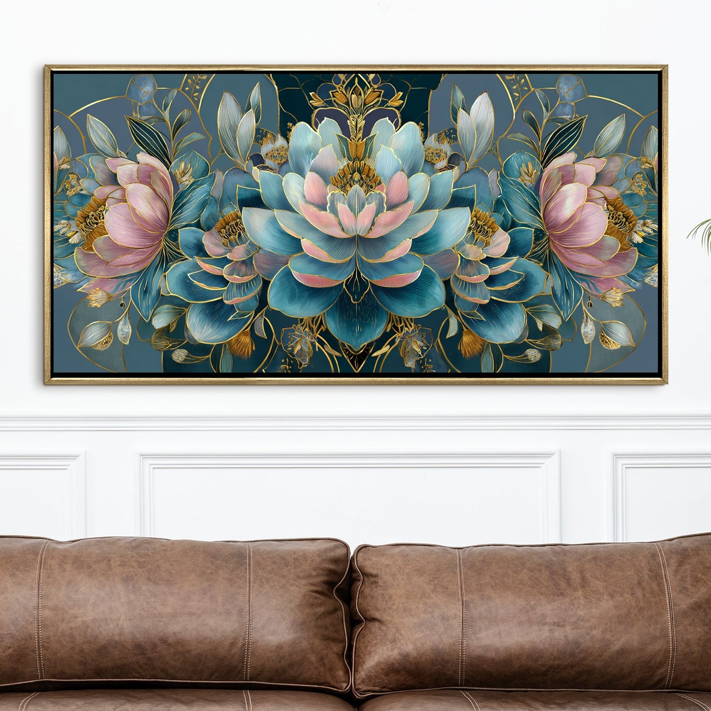 Floral Elegance in Teal, Blush & Gold ¨C Luxury Wall Art ¨C Golden Floater Frame, HD Canvas Print, Ready to Hang, Size: 2x4 feet (FLBWA88)