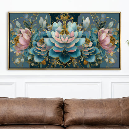 Floral Elegance in Teal, Blush & Gold ¨C Luxury Wall Art ¨C Golden Floater Frame, HD Canvas Print, Ready to Hang, Size: 2x4 feet (FLBWA88)