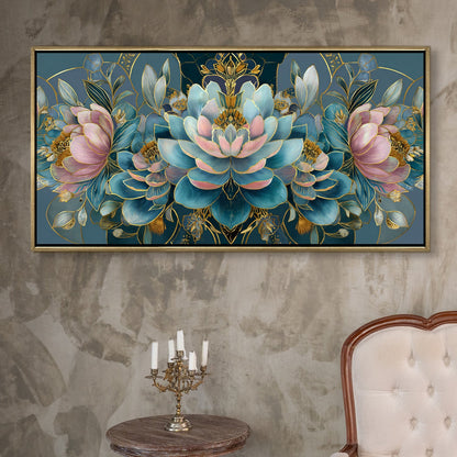 Floral Elegance in Teal, Blush & Gold ¨C Luxury Wall Art ¨C Golden Floater Frame, HD Canvas Print, Ready to Hang, Size: 2x4 feet (FLBWA88)