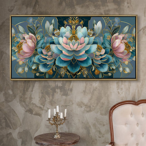 Floral Elegance in Teal, Blush & Gold ¨C Luxury Wall Art ¨C Golden Floater Frame, HD Canvas Print, Ready to Hang, Size: 2x4 feet (FLBWA88)