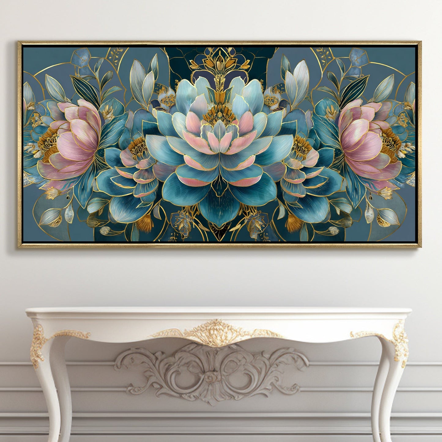 Floral Elegance in Teal, Blush & Gold ¨C Luxury Wall Art ¨C Golden Floater Frame, HD Canvas Print, Ready to Hang, Size: 2x4 feet (FLBWA88)