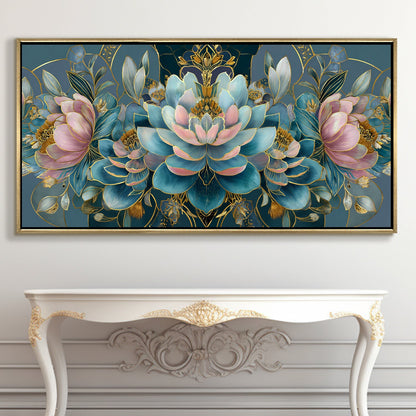 Floral Elegance in Teal, Blush & Gold ¨C Luxury Wall Art ¨C Golden Floater Frame, HD Canvas Print, Ready to Hang, Size: 2x4 feet (FLBWA88)