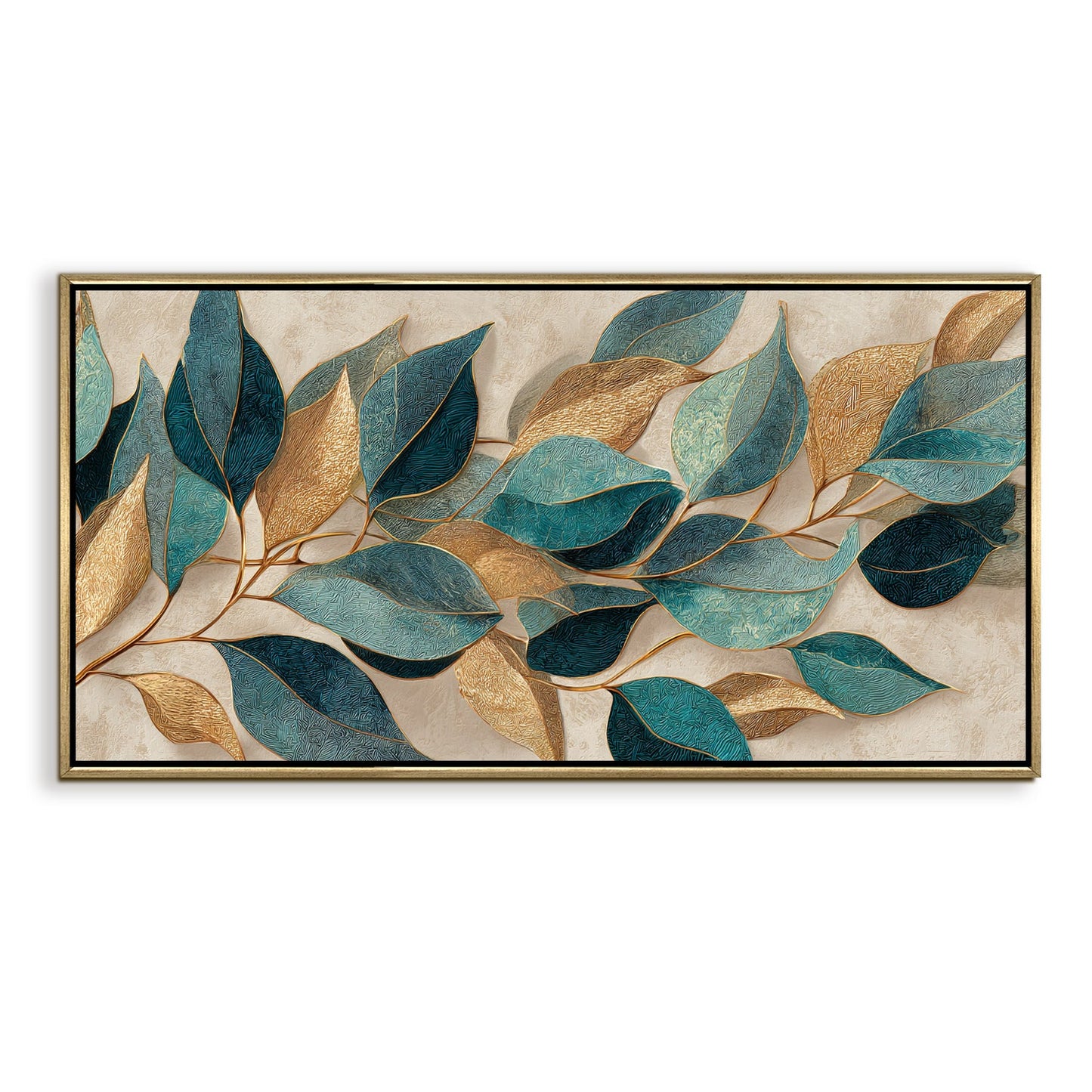 Floral Elegance in Teal, Blush & Gold ¨C Luxury Wall Art ¨C Golden Floater Frame, HD Canvas Print, Ready to Hang, Size: 2x4 feet (FLBWA89)